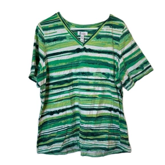 Denim Co Vneck Tshirt Womens Plus Size 1X Green Striped Short Sleeve Top Blouse - Picture 2 of 5